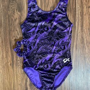 GK Purple and Black Kids Leotard with Scrunchie